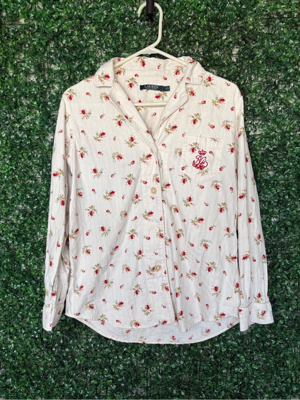 Ralph Lauren Cream pajama Button-Down top with Red Floral Print